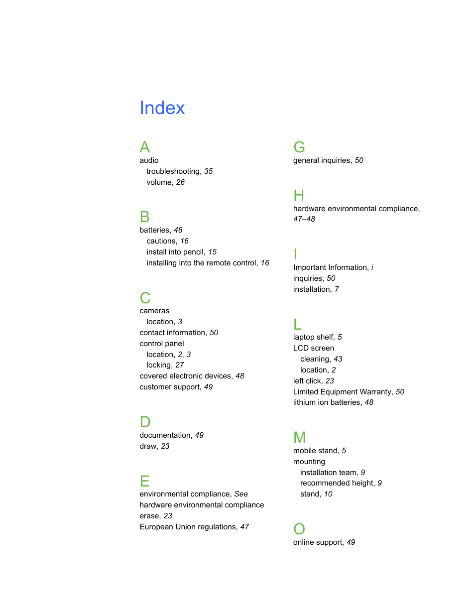 Index | Smart Technologies SBID Interactive Display 6052i User Manual | Page 59 / 62