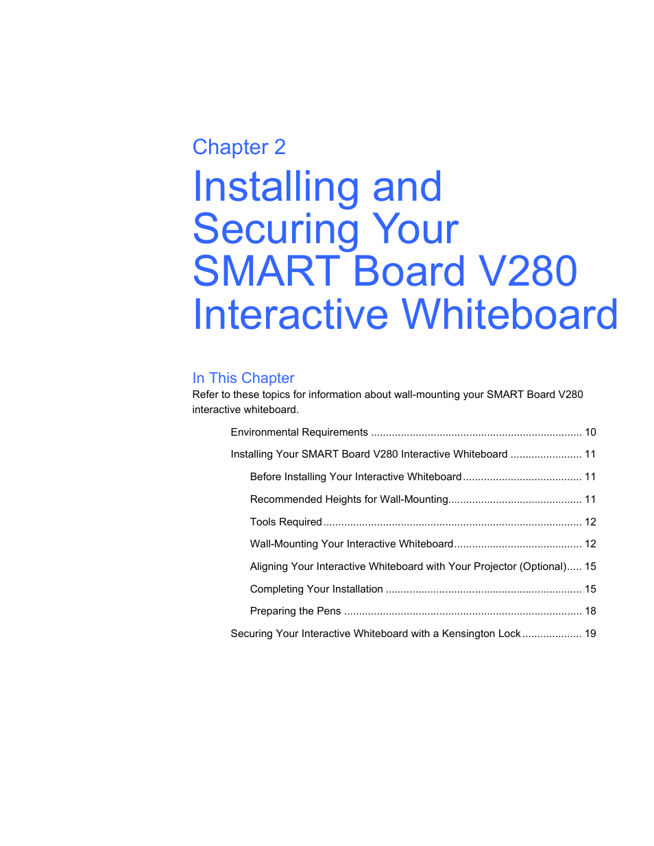 In this chapter, Chapter 2 | Smart Technologies Smart Board V280 User Manual | Page 19 / 94