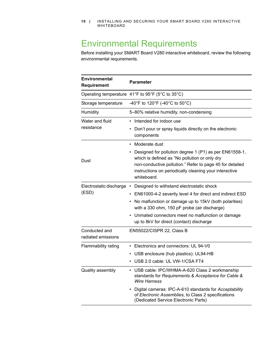 Environmental requirements, Environment al requirements | Smart Technologies Smart Board V280 User Manual | Page 20 / 94
