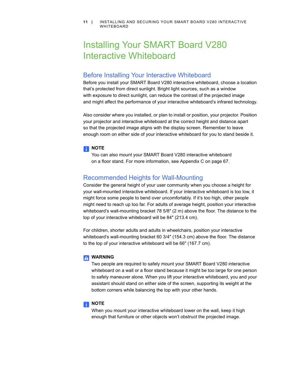 Before installing your interactive whiteboard, Recommended heights for wall-mounting | Smart Technologies Smart Board V280 User Manual | Page 21 / 94