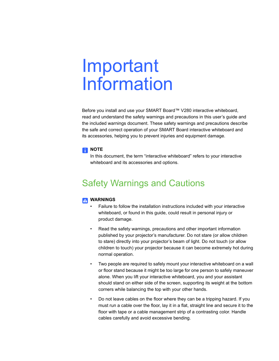 Important information, Safety warnings and cautions | Smart Technologies Smart Board V280 User Manual | Page 3 / 94