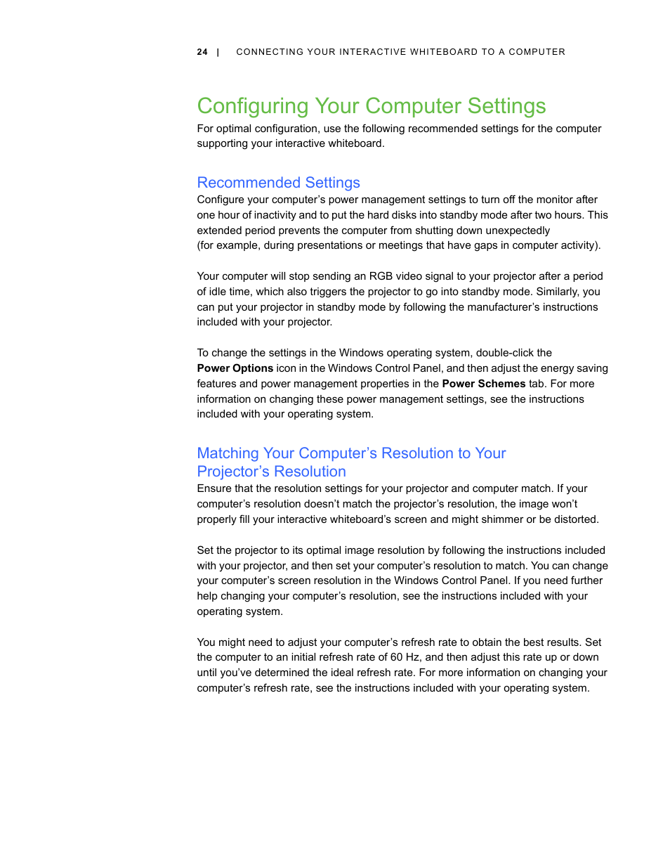 Configuring your computer settings, Recommended settings | Smart Technologies Smart Board V280 User Manual | Page 34 / 94