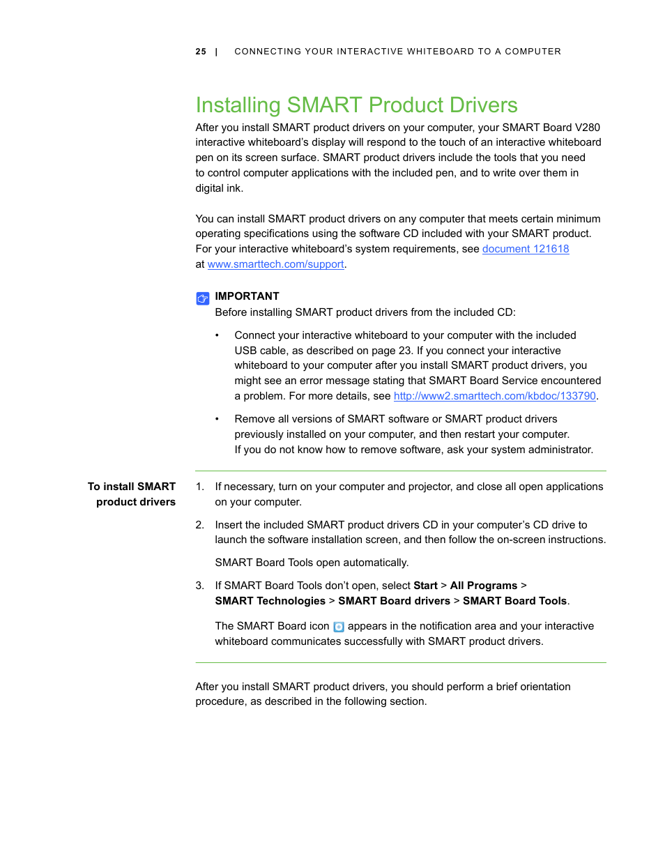Installing smart product drivers | Smart Technologies Smart Board V280 User Manual | Page 35 / 94