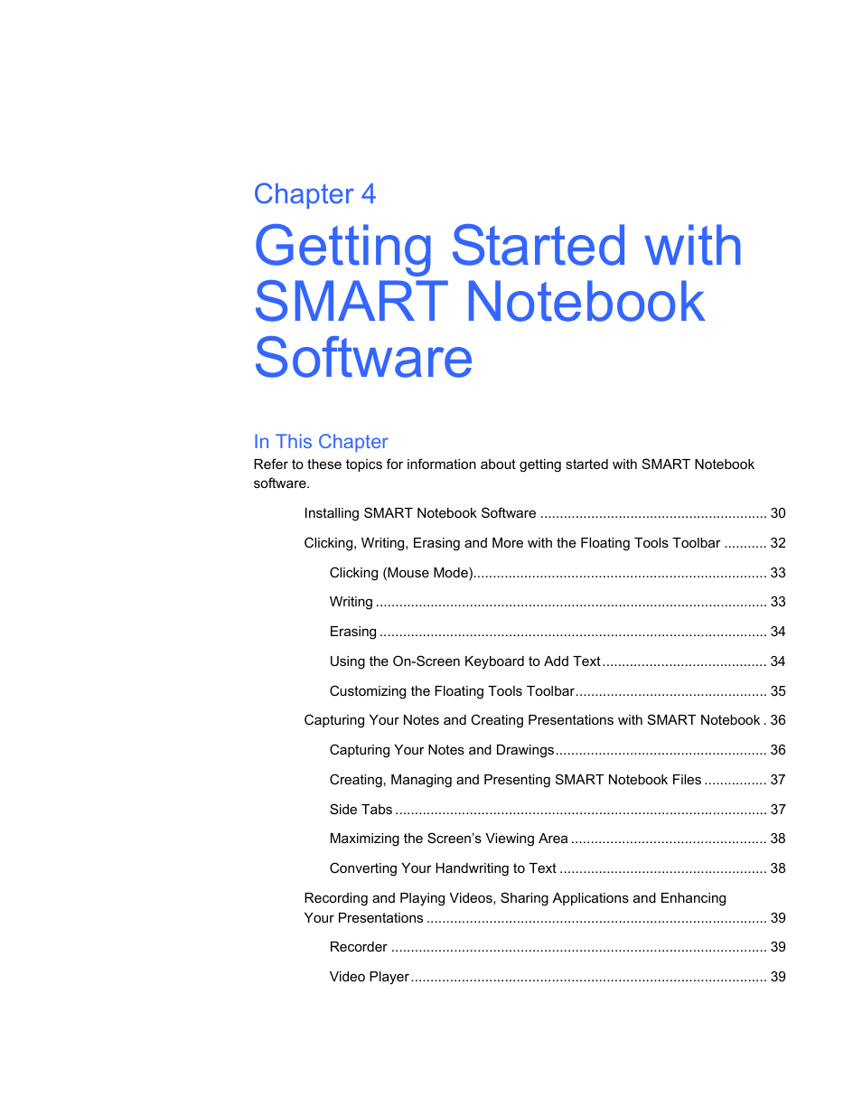 Getting started with smart notebook software, In this chapter, Chapter 4 | Smart Technologies Smart Board V280 User Manual | Page 39 / 94