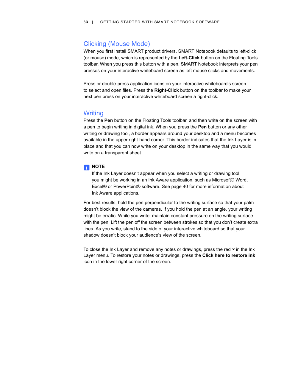 Clicking (mouse mode), Writing | Smart Technologies Smart Board V280 User Manual | Page 43 / 94