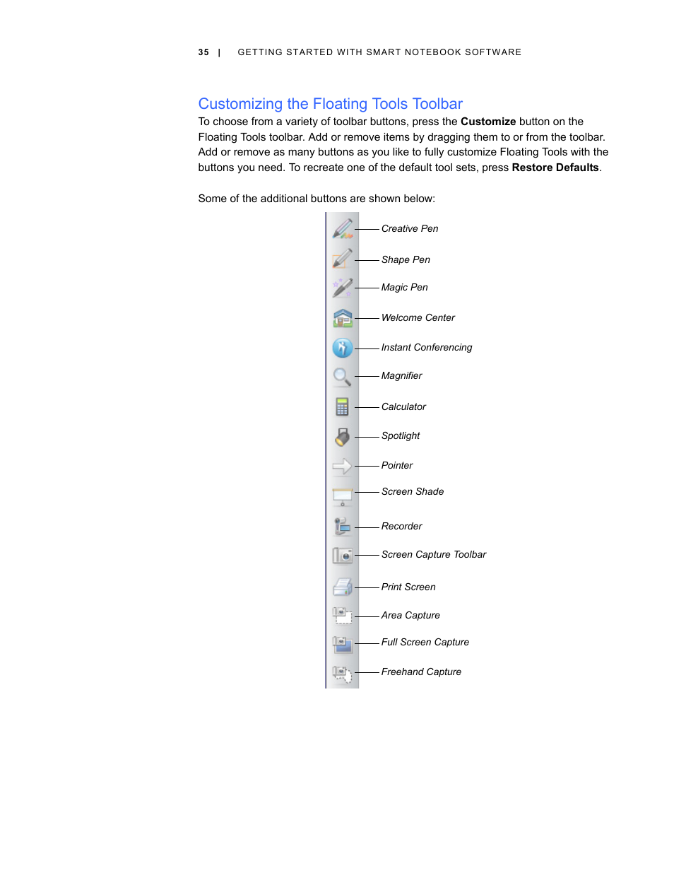 Customizing the floating tools toolbar | Smart Technologies Smart Board V280 User Manual | Page 45 / 94