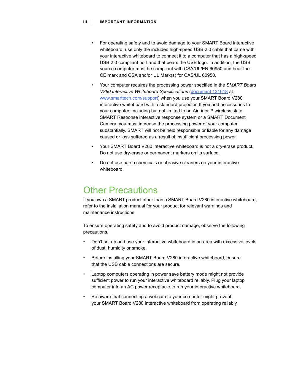 Other precautions | Smart Technologies Smart Board V280 User Manual | Page 5 / 94