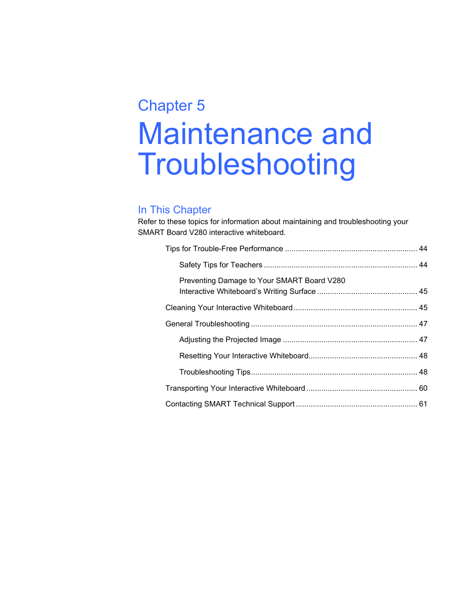 Maintenance and troubleshooting, In this chapter, Chapter 5 | Smart Technologies Smart Board V280 User Manual | Page 53 / 94