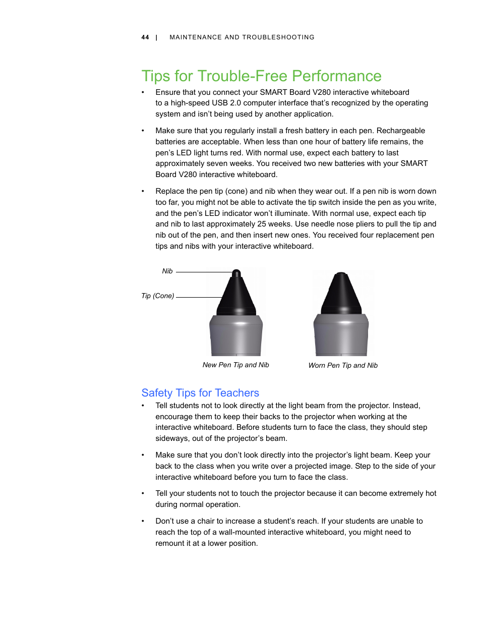 Tips for trouble-free performance, Safety tips for teachers | Smart Technologies Smart Board V280 User Manual | Page 54 / 94