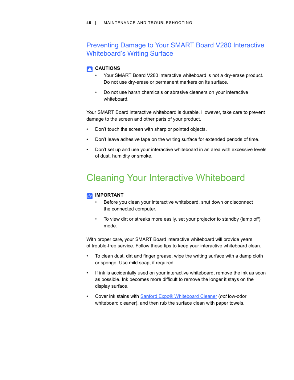 Cleaning your interactive whiteboard | Smart Technologies Smart Board V280 User Manual | Page 55 / 94