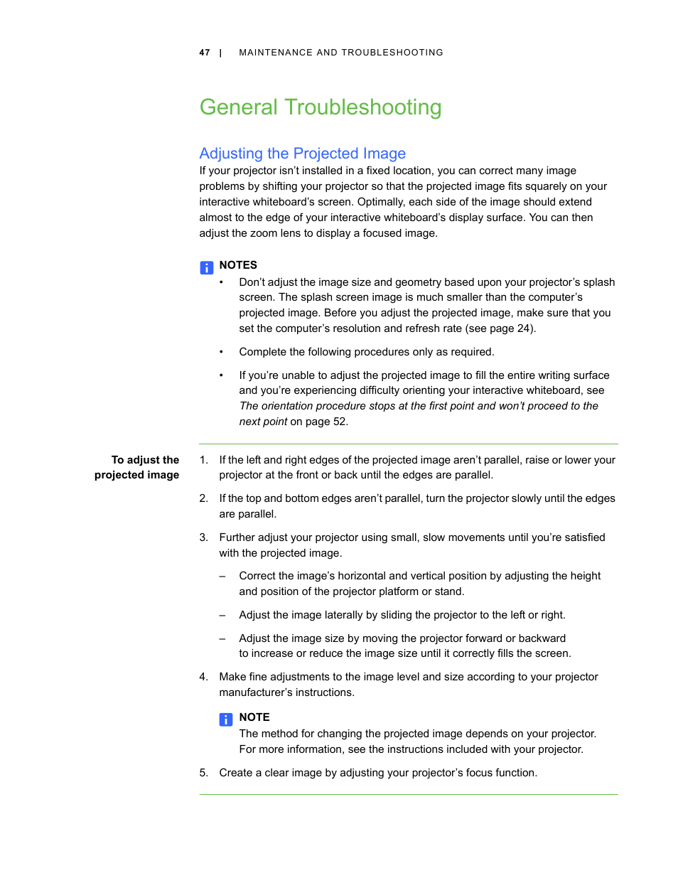 General troubleshooting, Adjusting the projected image | Smart Technologies Smart Board V280 User Manual | Page 57 / 94