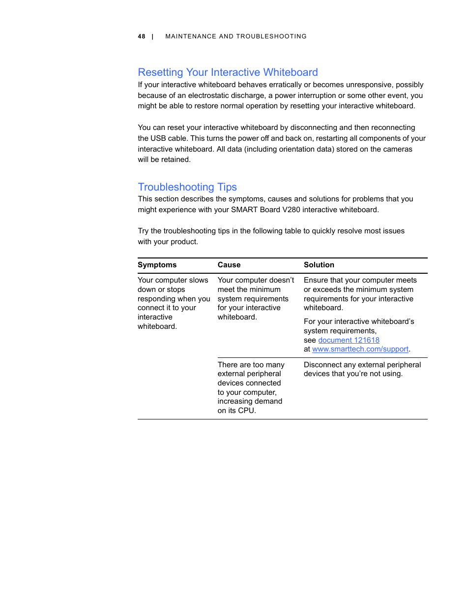 Resetting your interactive whiteboard, Troubleshooting tips | Smart Technologies Smart Board V280 User Manual | Page 58 / 94