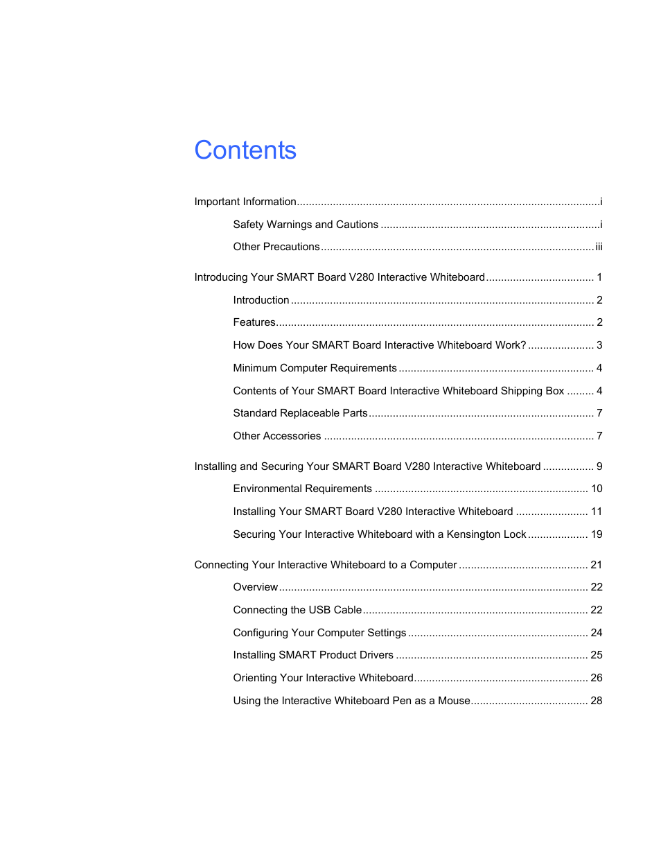 Smart Technologies Smart Board V280 User Manual | Page 7 / 94