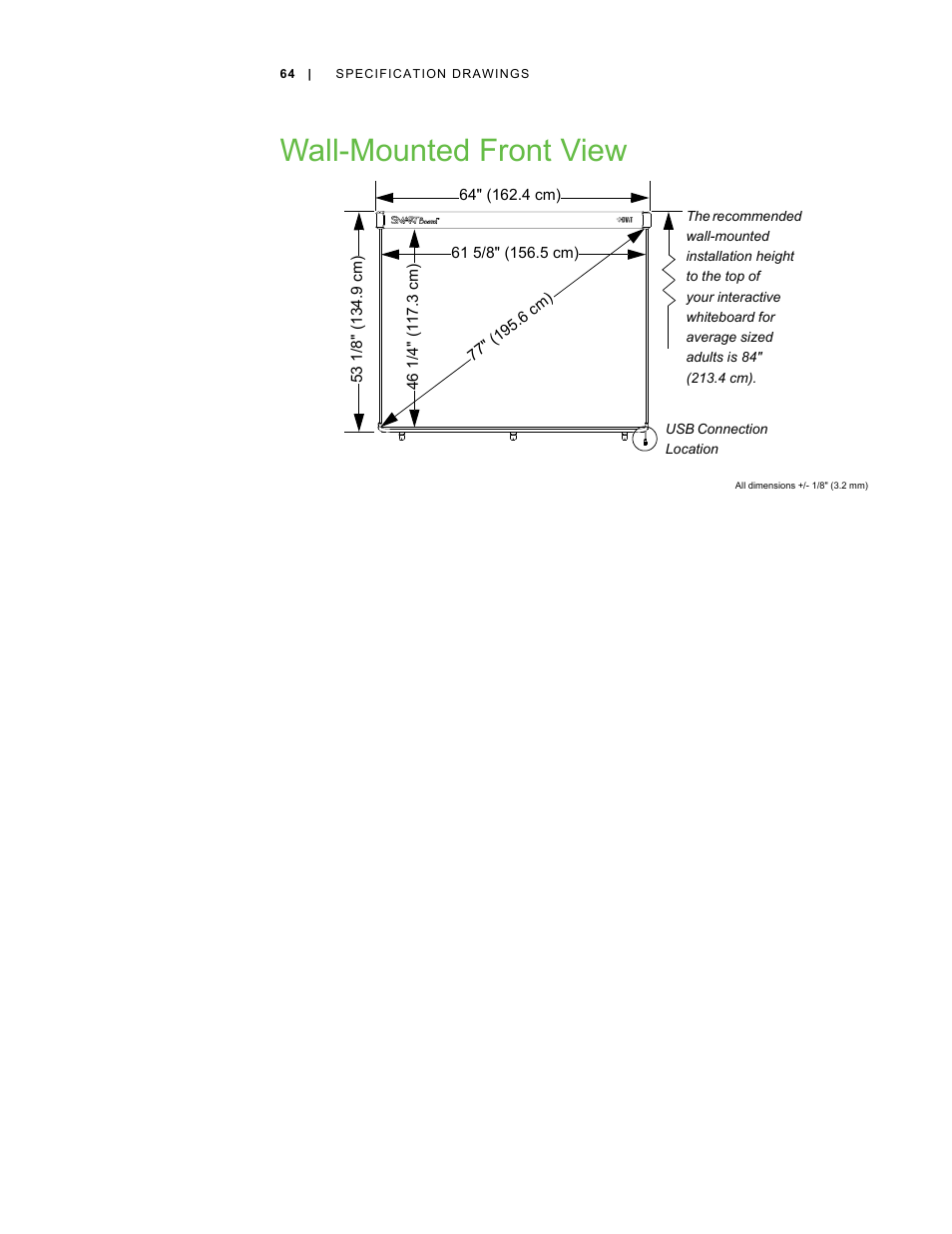 Wall-mounted front view | Smart Technologies Smart Board V280 User Manual | Page 74 / 94