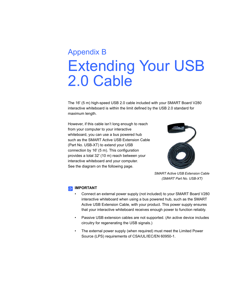 Extending your usb 2.0 cable, Appendix b | Smart Technologies Smart Board V280 User Manual | Page 75 / 94