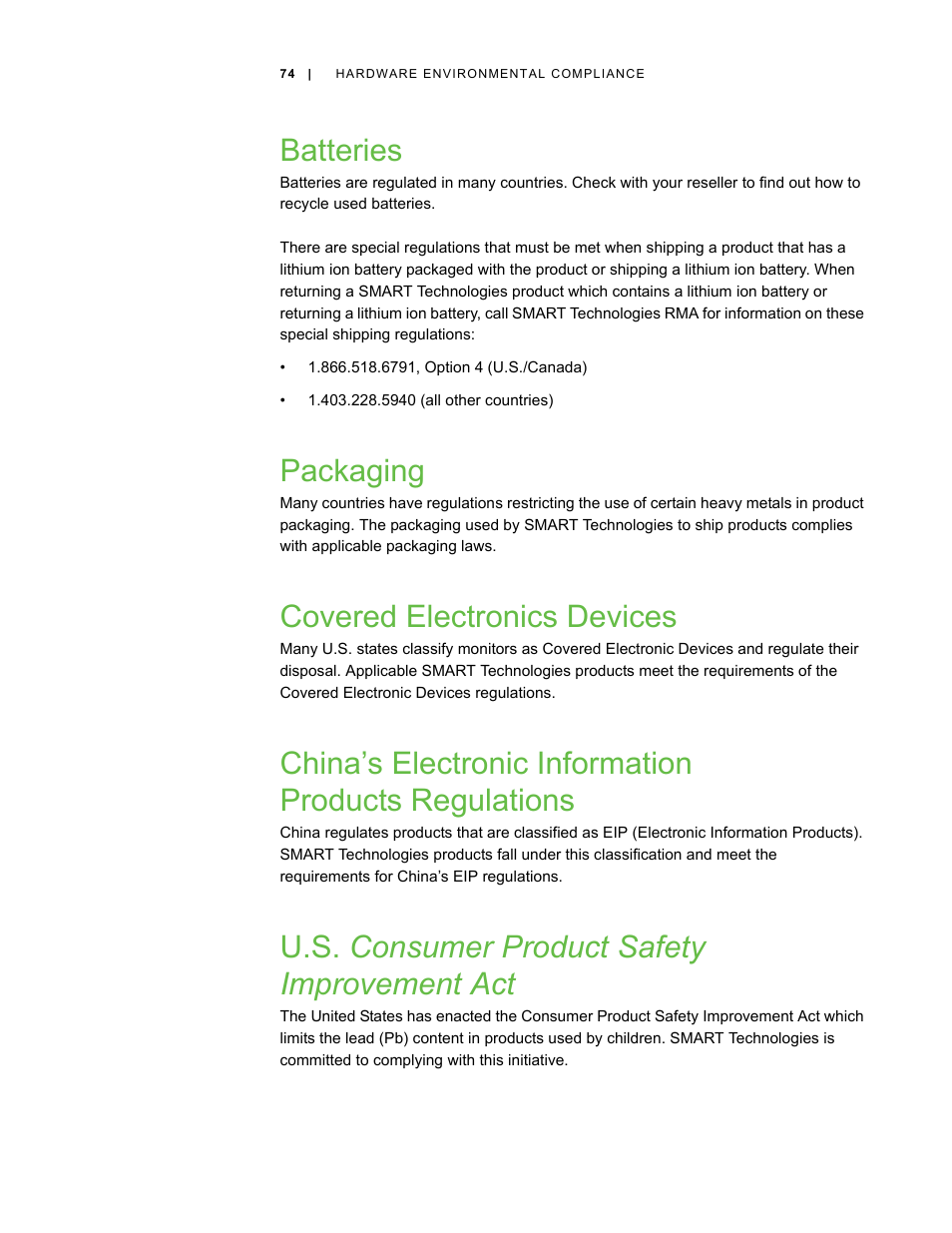 Batteries, Packaging, Covered electronics devices | U.s. consumer product safety improvement act | Smart Technologies Smart Board V280 User Manual | Page 84 / 94