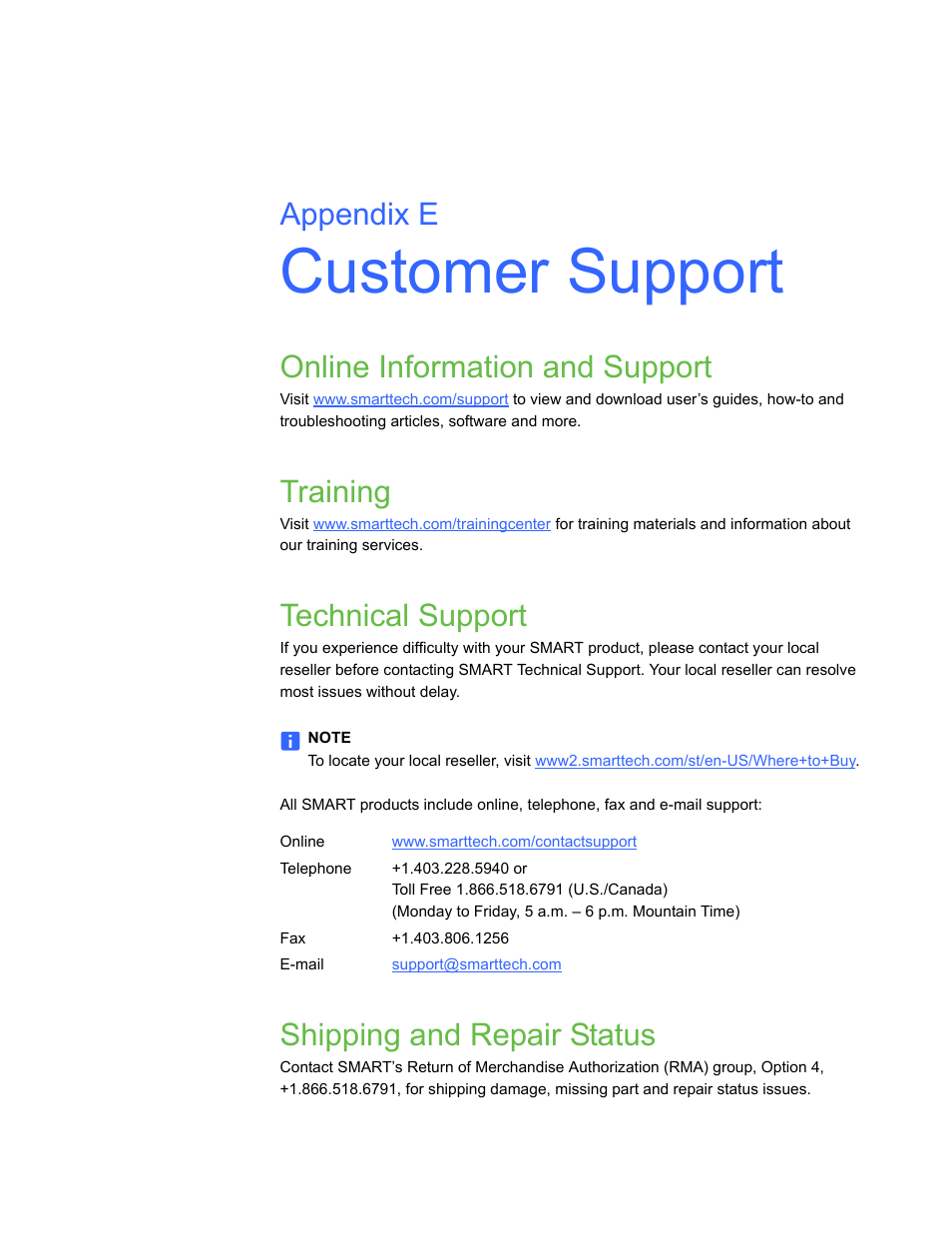 Customer support, Online information and support, Training | Technical support, Shipping and repair status, Appendix e | Smart Technologies Smart Board V280 User Manual | Page 87 / 94