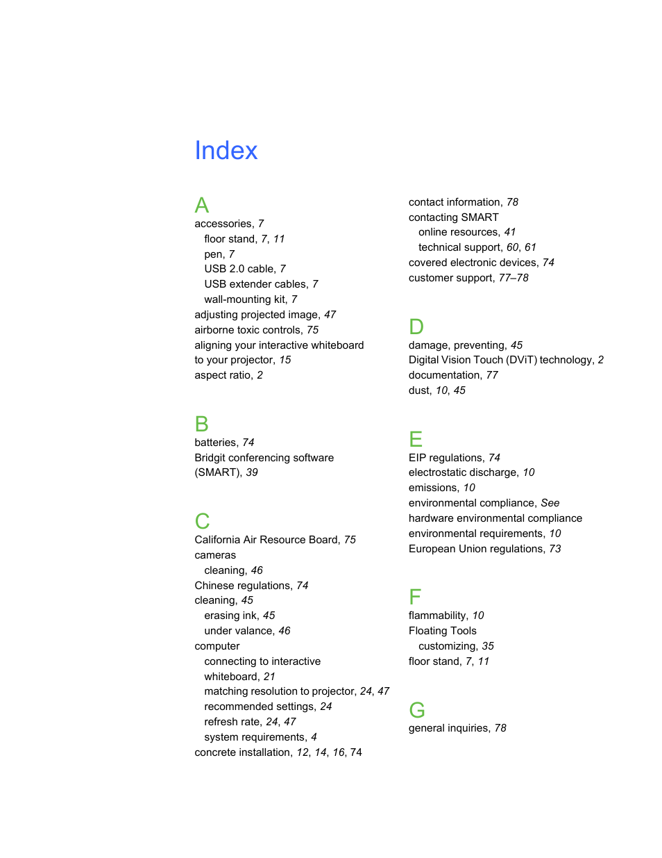 Index | Smart Technologies Smart Board V280 User Manual | Page 89 / 94