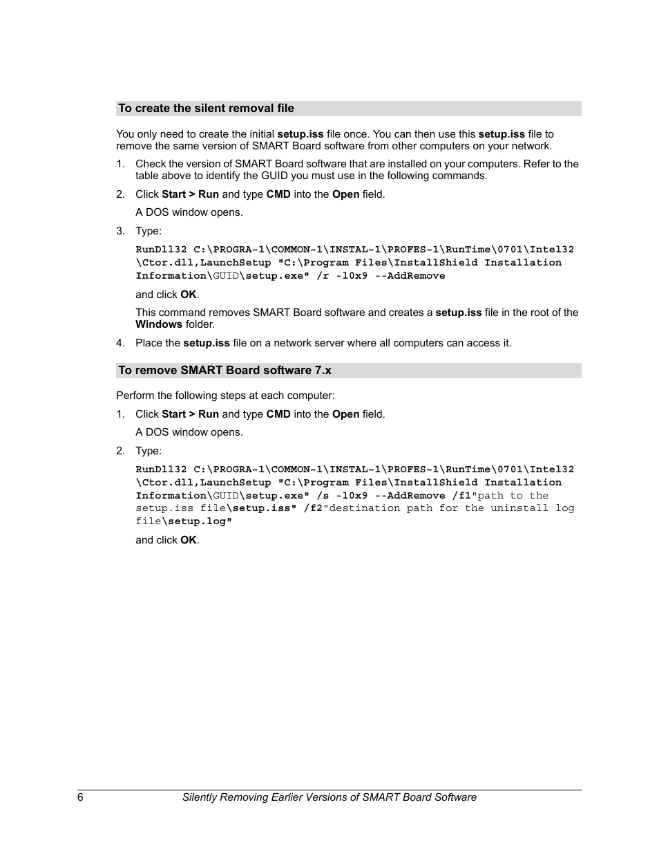 To create the silent removal file, To remove smart board software 7.x | Smart Technologies Smart Board Software 9.7 User Manual | Page 10 / 30