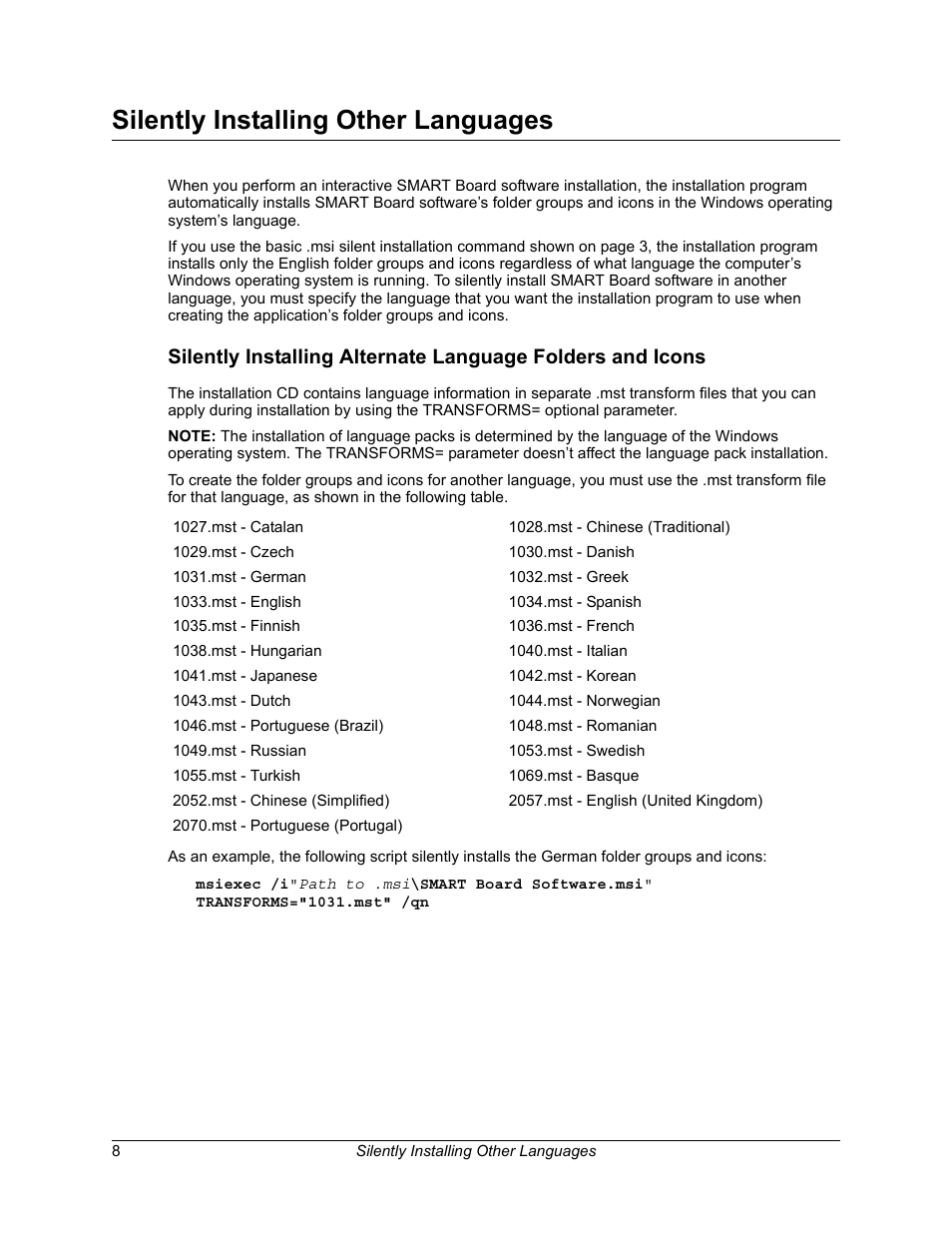 Silently installing other languages | Smart Technologies Smart Board Software 9.7 User Manual | Page 12 / 30