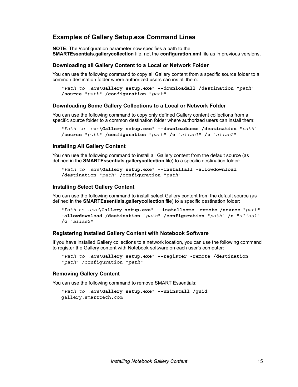 Examples of gallery setup.exe command lines, Installing all gallery content, Installing select gallery content | Removing gallery content | Smart Technologies Smart Board Software 9.7 User Manual | Page 19 / 30