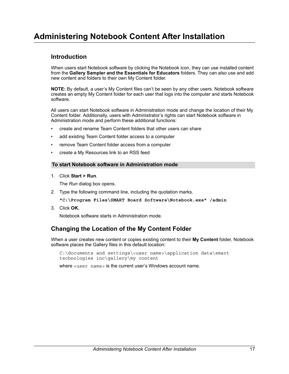 Administering notebook content after installation, Introduction, To start notebook software in administration mode | Changing the location of the my content folder | Smart Technologies Smart Board Software 9.7 User Manual | Page 21 / 30