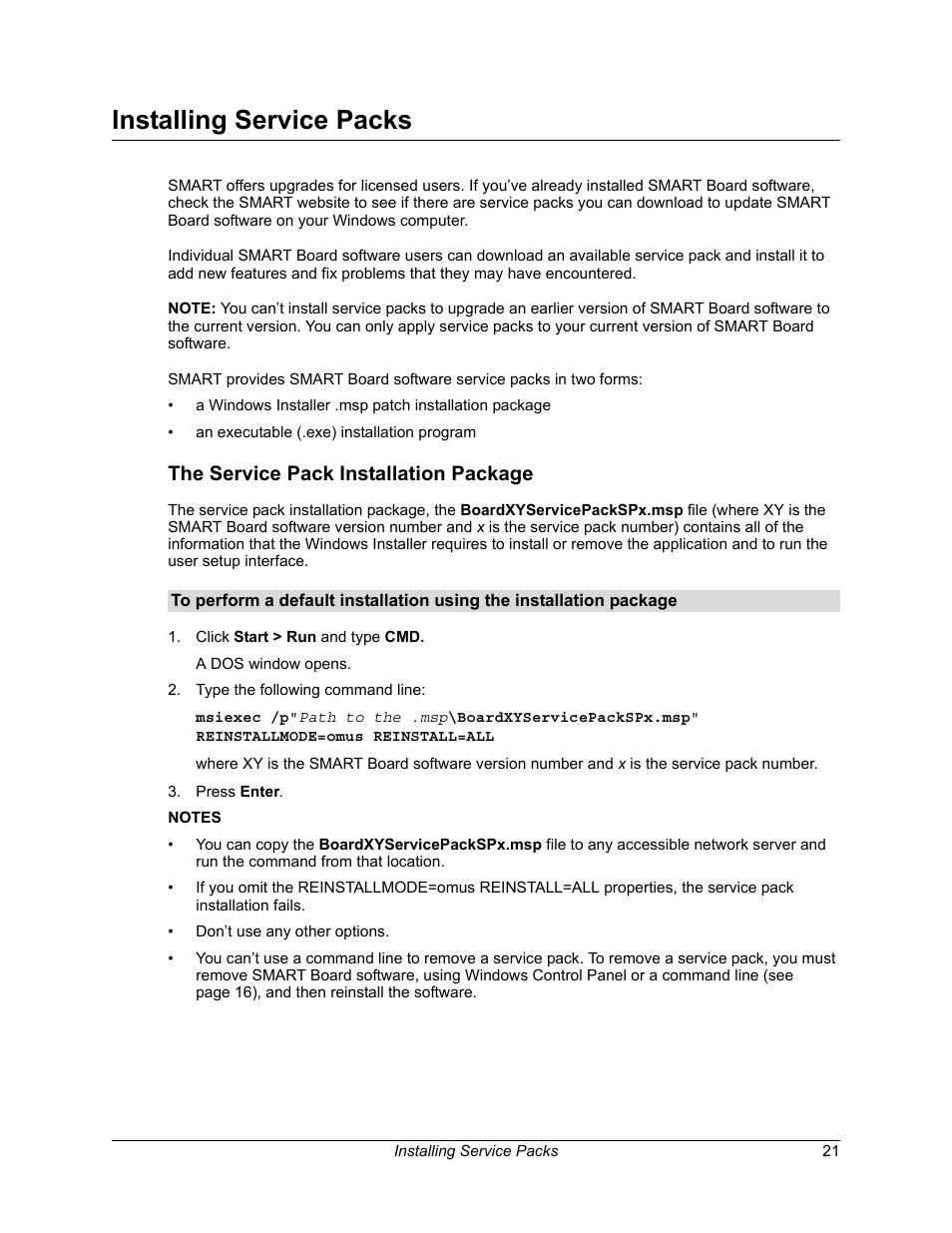 Installing service packs, The service pack installation package | Smart Technologies Smart Board Software 9.7 User Manual | Page 25 / 30