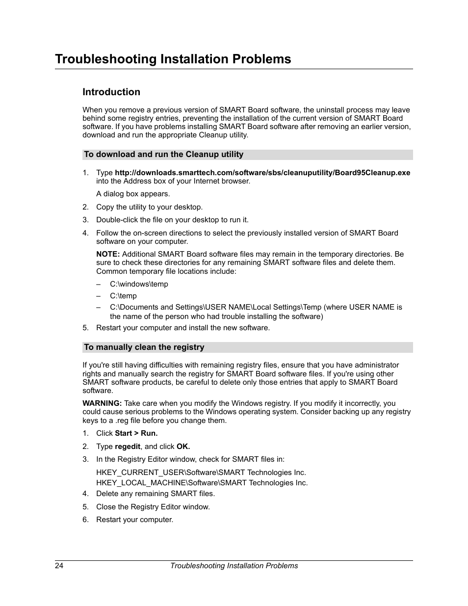 Troubleshooting installation problems, Introduction, To download and run the cleanup utility | To manually clean the registry | Smart Technologies Smart Board Software 9.7 User Manual | Page 28 / 30