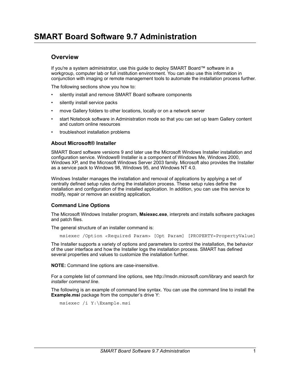 Smart board software 9.7 administration, Overview, About microsoft® installer | Command line options, About microsoft® installer command line options | Smart Technologies Smart Board Software 9.7 User Manual | Page 5 / 30