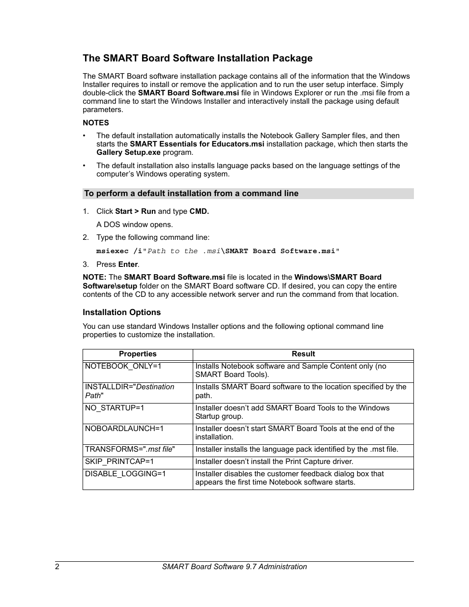 The smart board software installation package, Installation options | Smart Technologies Smart Board Software 9.7 User Manual | Page 6 / 30