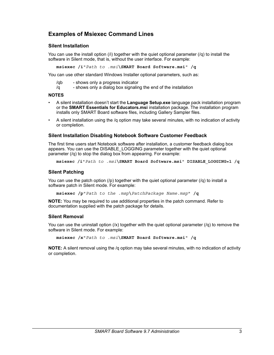 Examples of msiexec command lines, Silent installation, Silent patching | Silent removal | Smart Technologies Smart Board Software 9.7 User Manual | Page 7 / 30