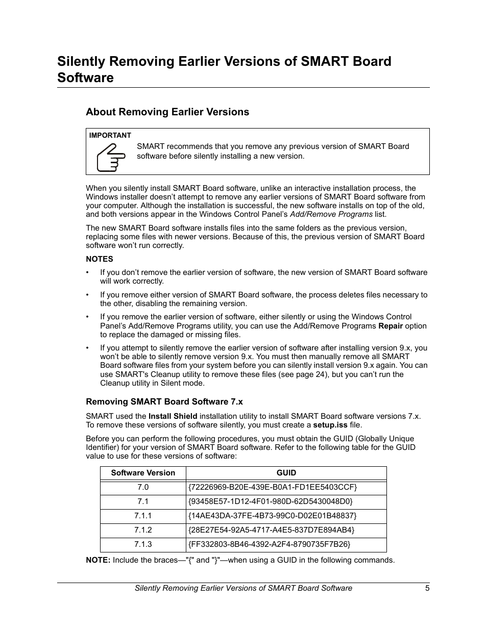 About removing earlier versions, Removing smart board software 7.x | Smart Technologies Smart Board Software 9.7 User Manual | Page 9 / 30