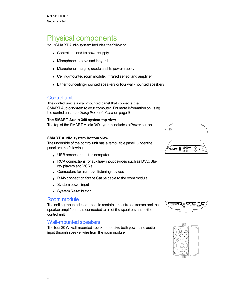 Physical components, Control unit, The smart audio 340 system top view | Smart audio system bottom view, Room module, Wall-mounted speakers | Smart Technologies SMART Audio 340 User Manual | Page 10 / 58