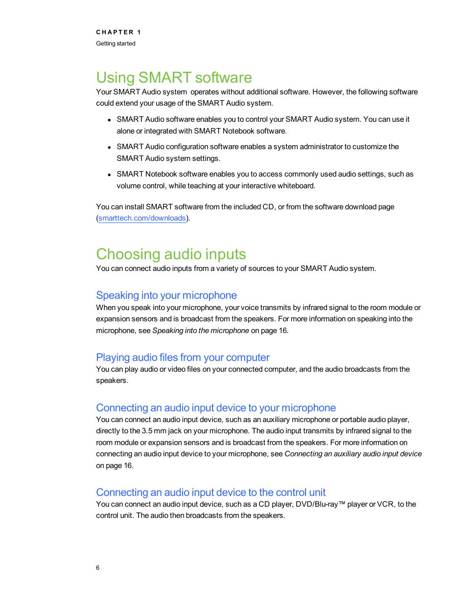 Using smart software, Choosing audio inputs, Speaking into your microphone | Playing audio files from your computer | Smart Technologies SMART Audio 340 User Manual | Page 12 / 58