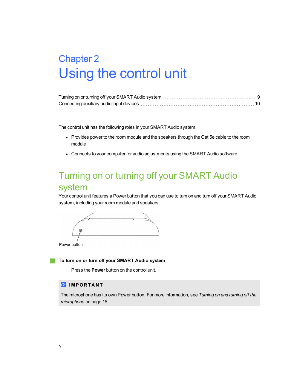 Chapter 2: using the control unit, Turning on or turning off your smart audio system, Chapter 2 | Smart Technologies SMART Audio 340 User Manual | Page 15 / 58
