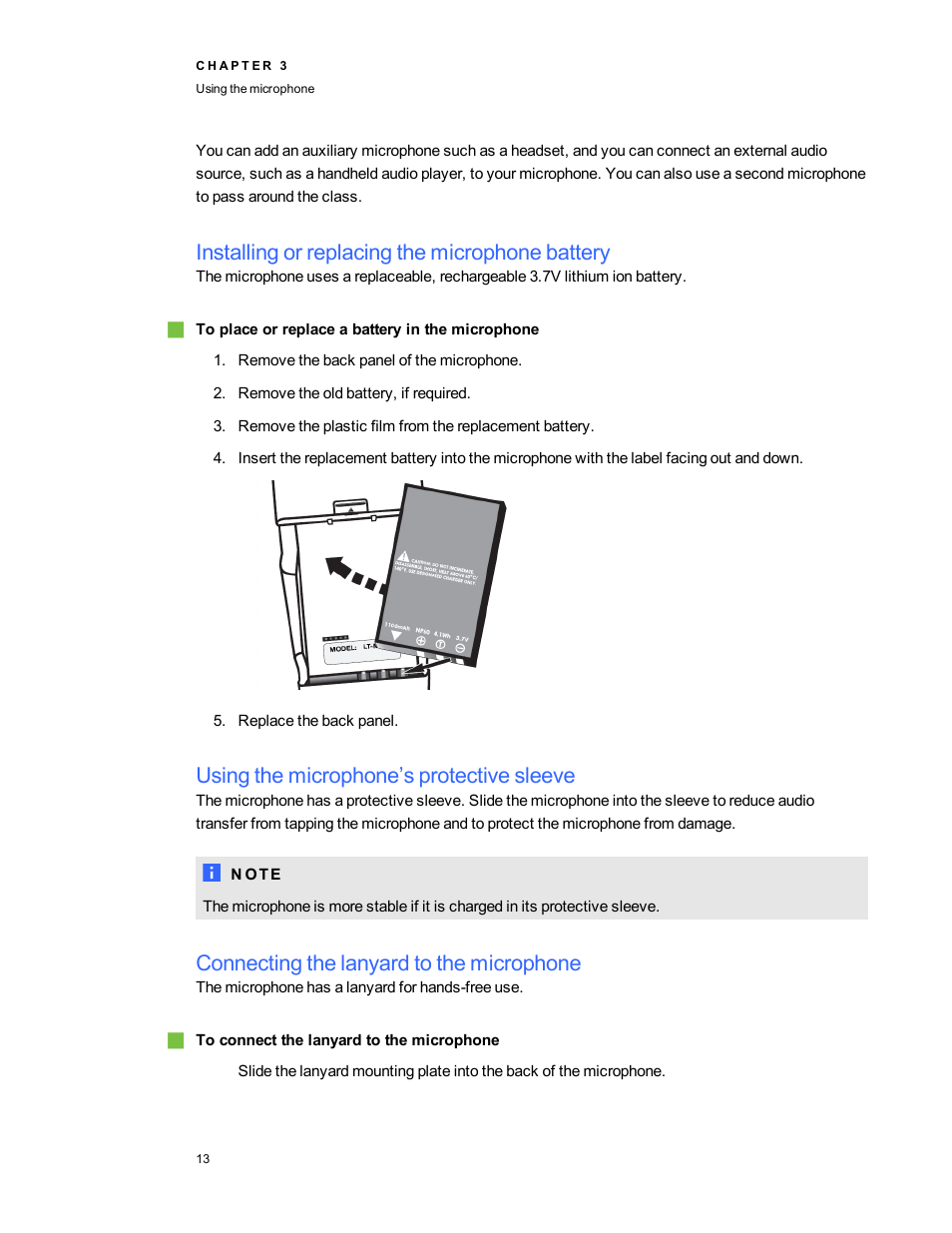 Installing or replacing the microphone battery, Using the microphone’s protective sleeve, Connecting the lanyard to the microphone | Connecting the lanyard to the | Smart Technologies SMART Audio 340 User Manual | Page 19 / 58