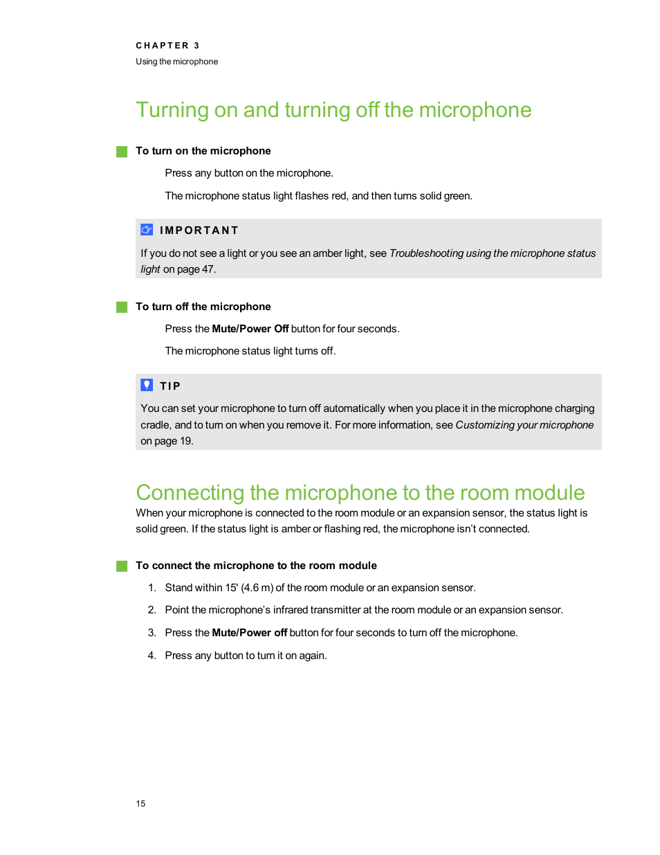 Turning on and turning off the microphone, Connecting the microphone to the room module, Turning on and turning off the | Connecting the microphone to the room | Smart Technologies SMART Audio 340 User Manual | Page 21 / 58
