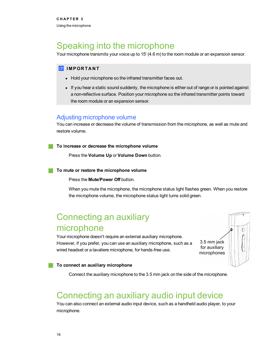 Speaking into the microphone, Adjusting microphone volume, Connecting an auxiliary microphone | Connecting an auxiliary audio input device | Smart Technologies SMART Audio 340 User Manual | Page 22 / 58