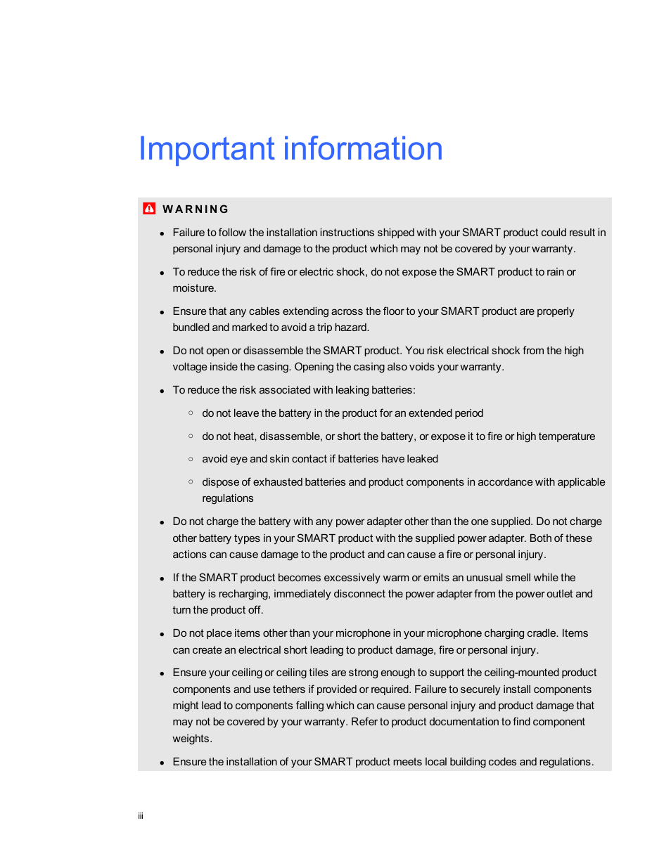 Important information | Smart Technologies SMART Audio 340 User Manual | Page 3 / 58