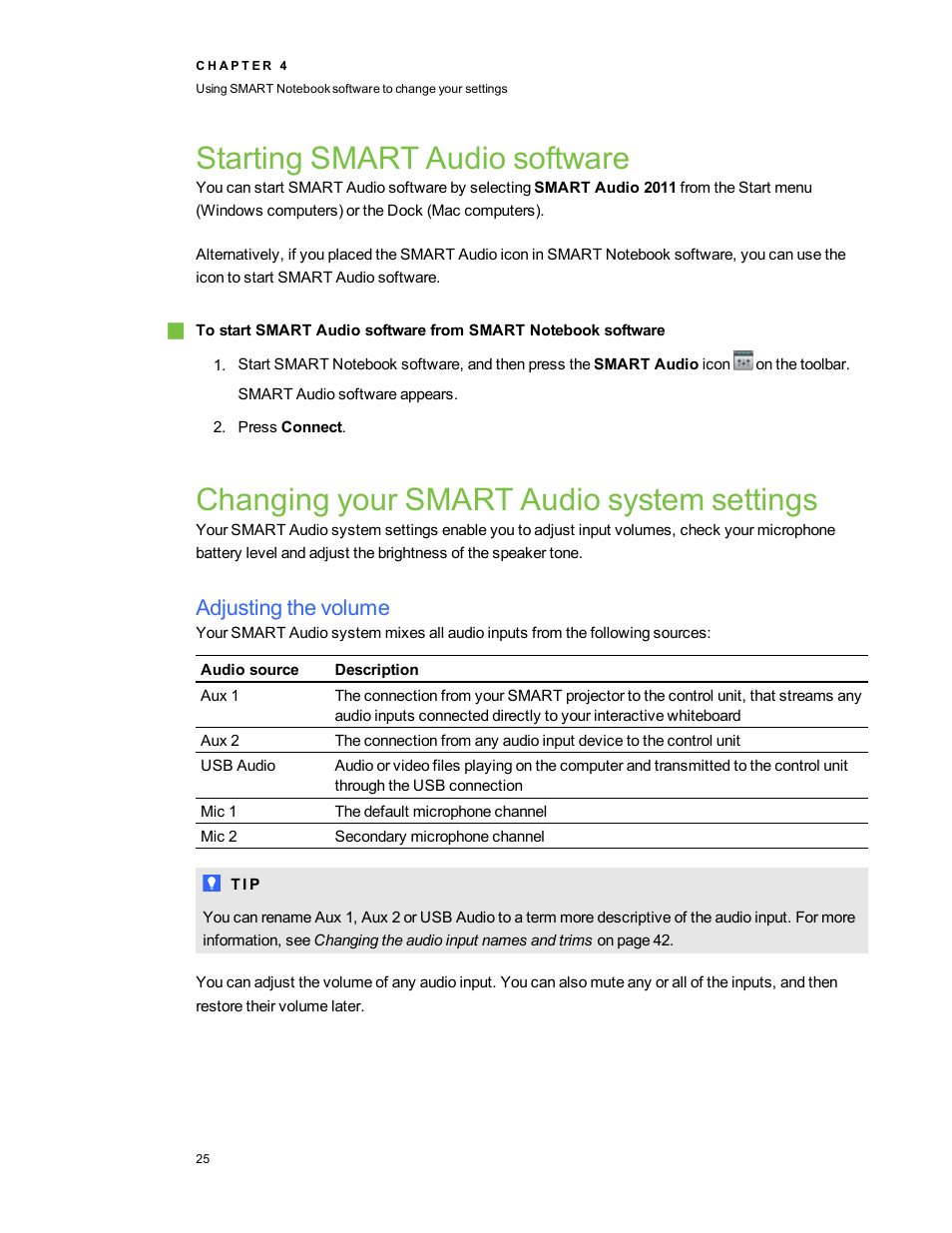 Starting smart audio software, Changing your smart audio system settings, Adjusting the volume | Smart Technologies SMART Audio 340 User Manual | Page 31 / 58