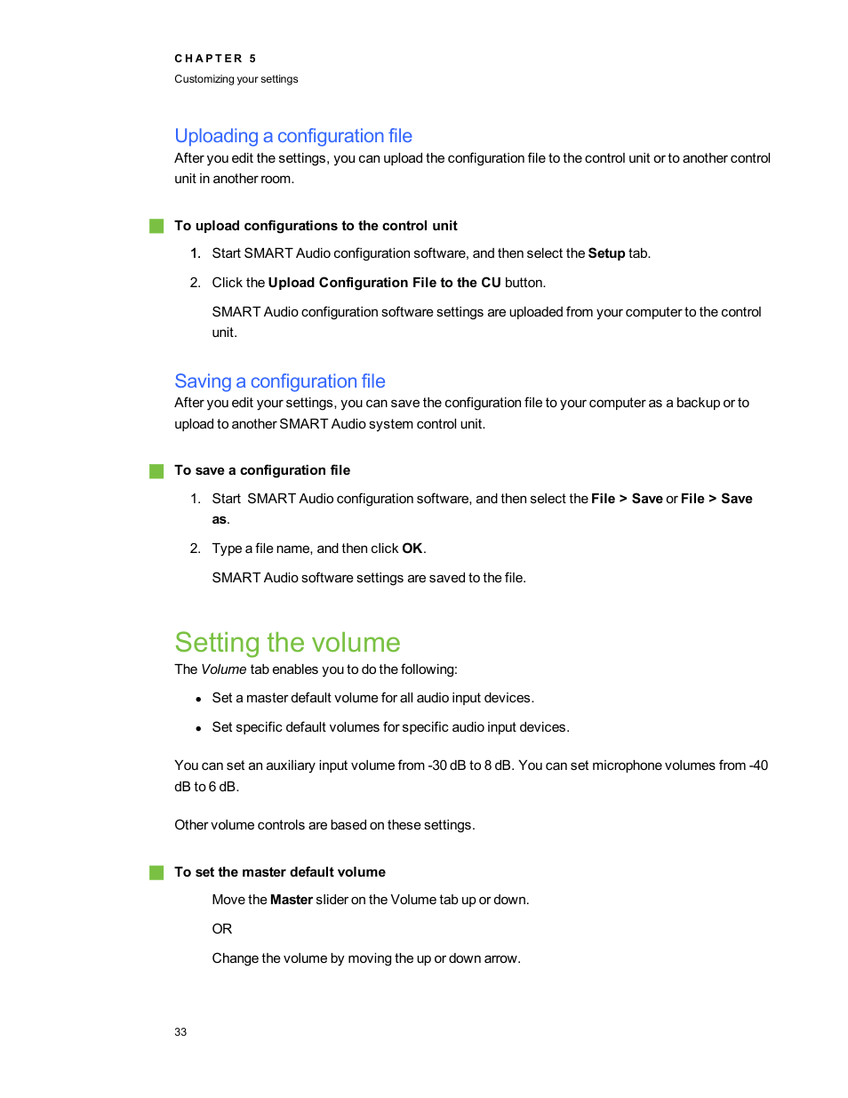 Uploading a configuration file, Saving a configuration file, Setting the volume | Uploading a | Smart Technologies SMART Audio 340 User Manual | Page 39 / 58