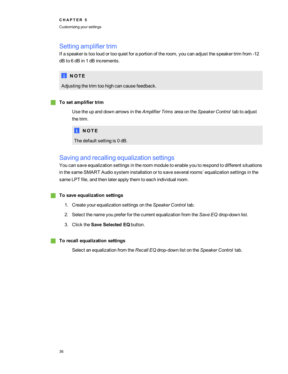 Setting amplifier trim, Saving and recalling equalization settings, Saving and | Smart Technologies SMART Audio 340 User Manual | Page 42 / 58