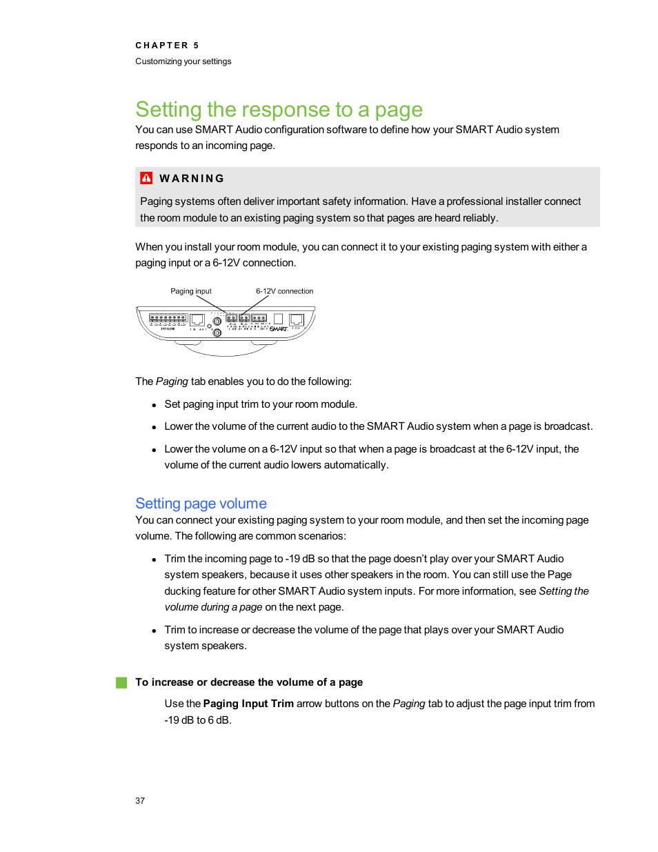 Setting the response to a page, Setting page volume | Smart Technologies SMART Audio 340 User Manual | Page 43 / 58