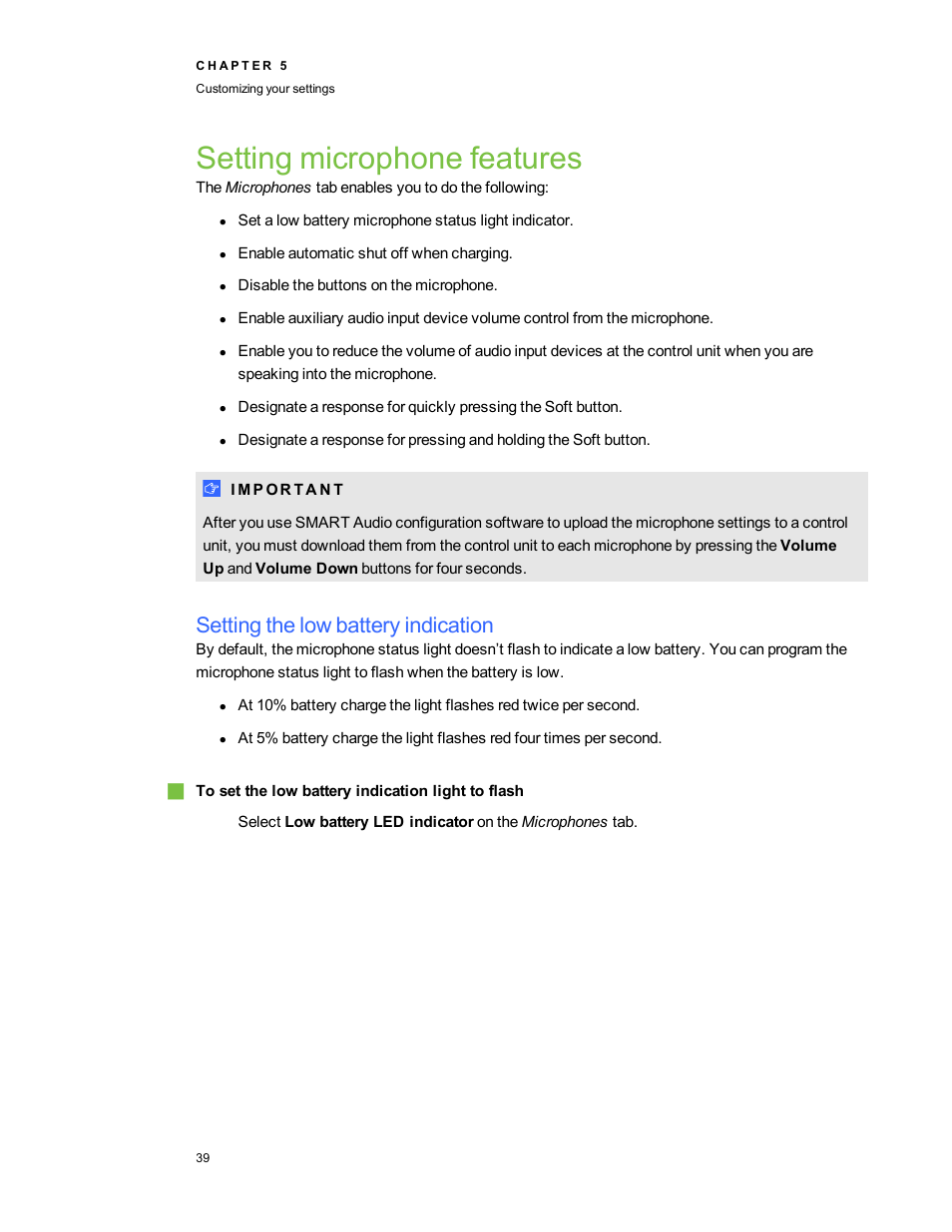 Setting microphone features, Setting the low battery indication | Smart Technologies SMART Audio 340 User Manual | Page 45 / 58
