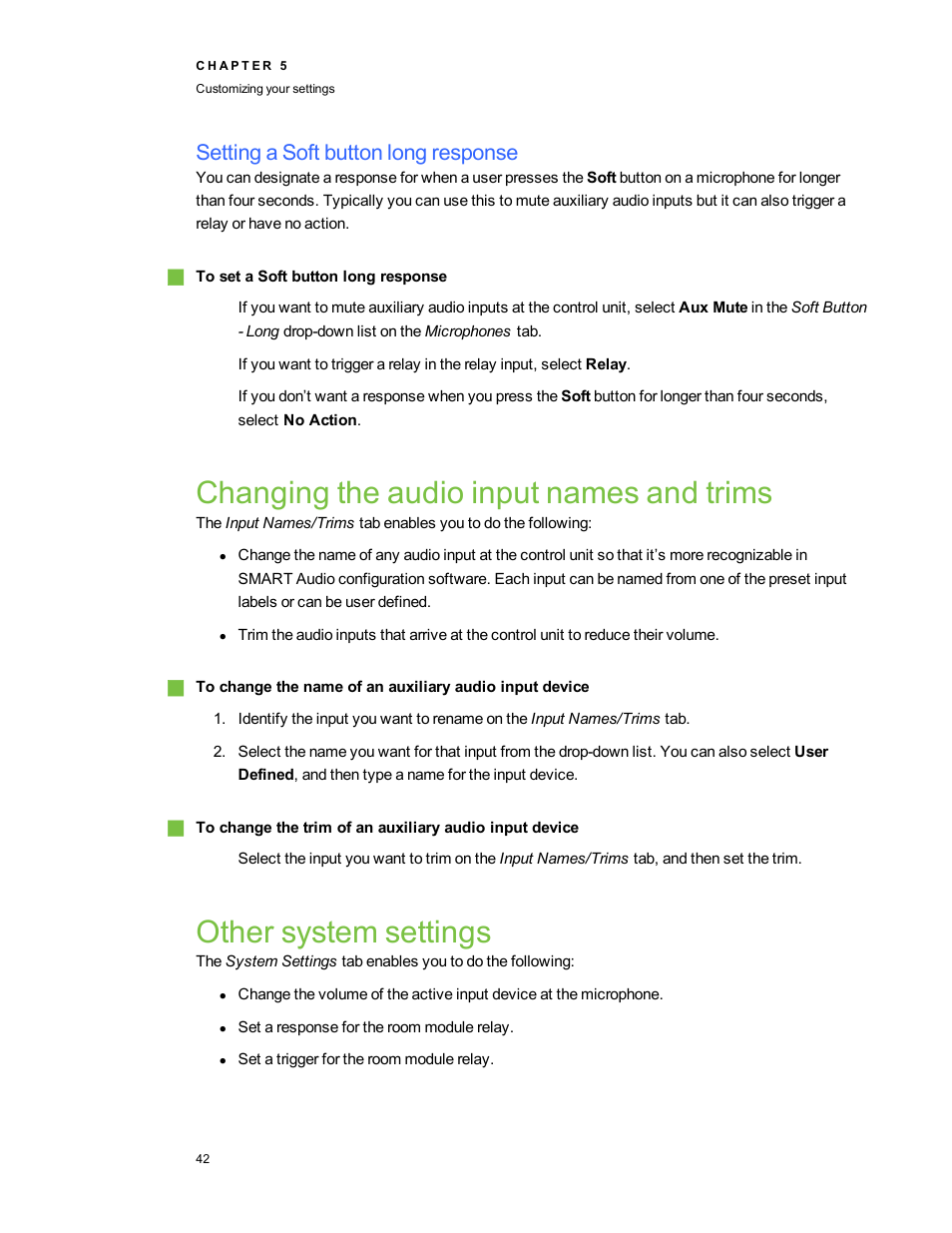 Setting a soft button long response, Changing the audio input names and trims, Other system settings | Changing the audio input | Smart Technologies SMART Audio 340 User Manual | Page 48 / 58