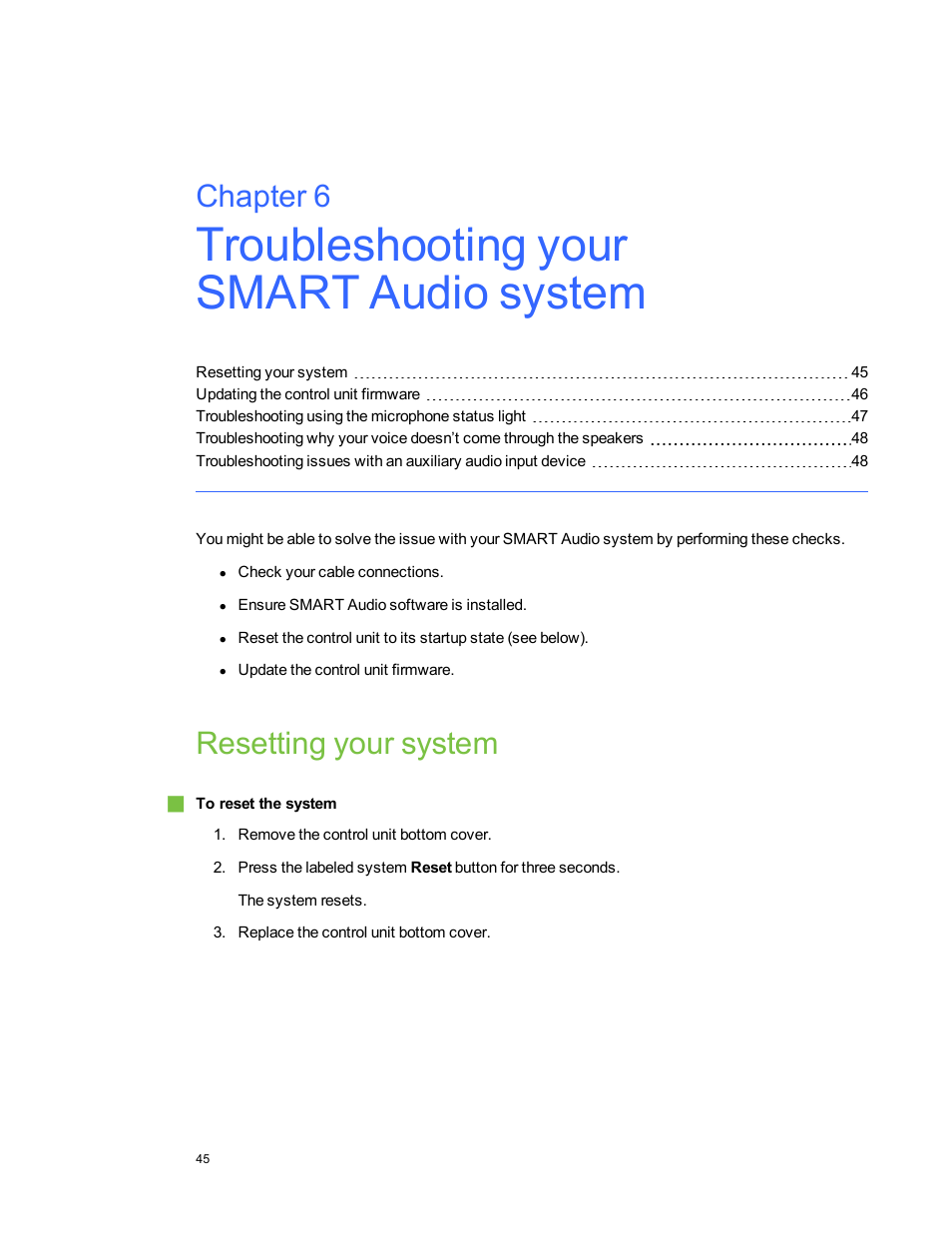 Chapter 6: troubleshooting your smart audio system, Resetting your system, Chapter 6 | Smart Technologies SMART Audio 340 User Manual | Page 51 / 58