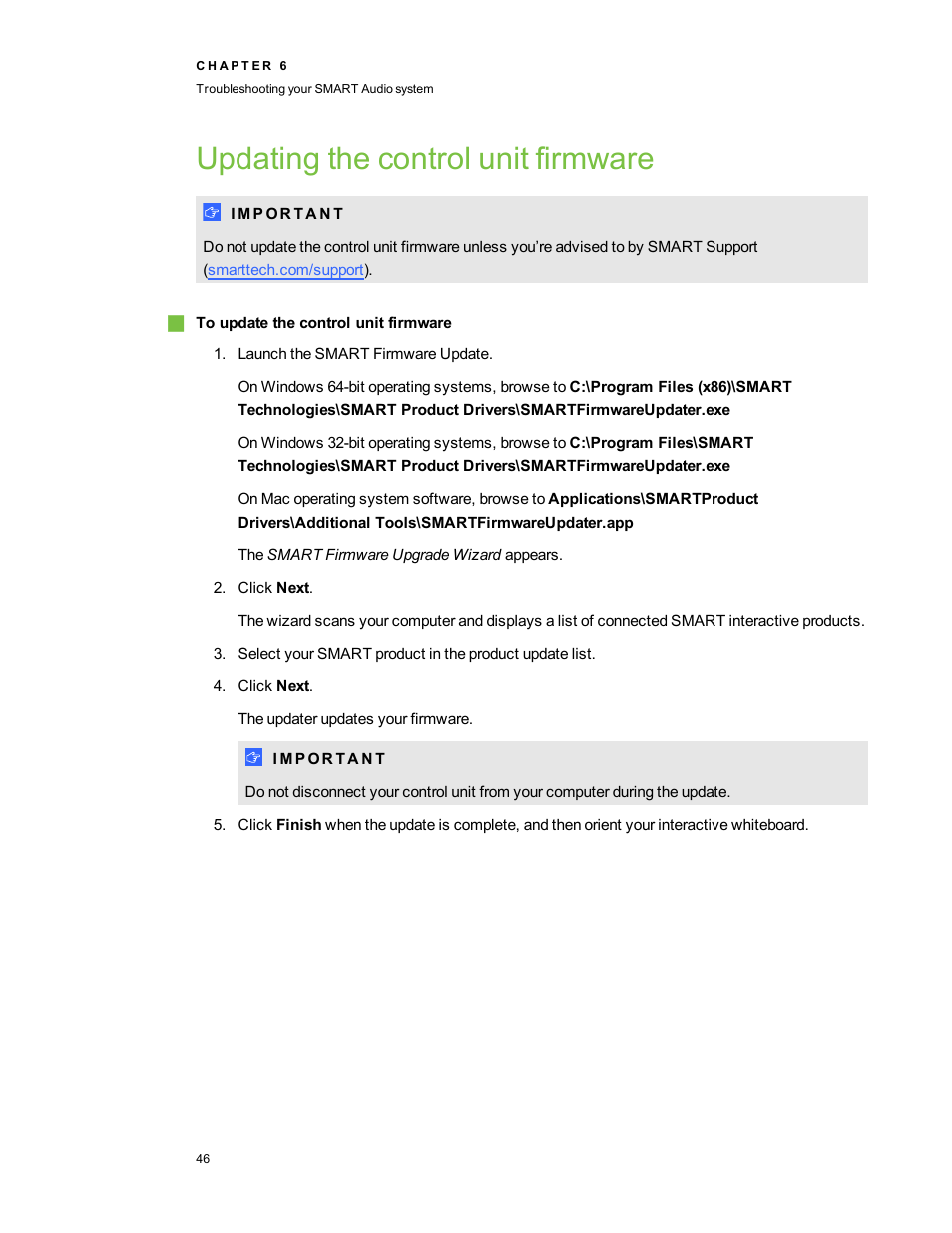 Updating the control unit firmware | Smart Technologies SMART Audio 340 User Manual | Page 52 / 58