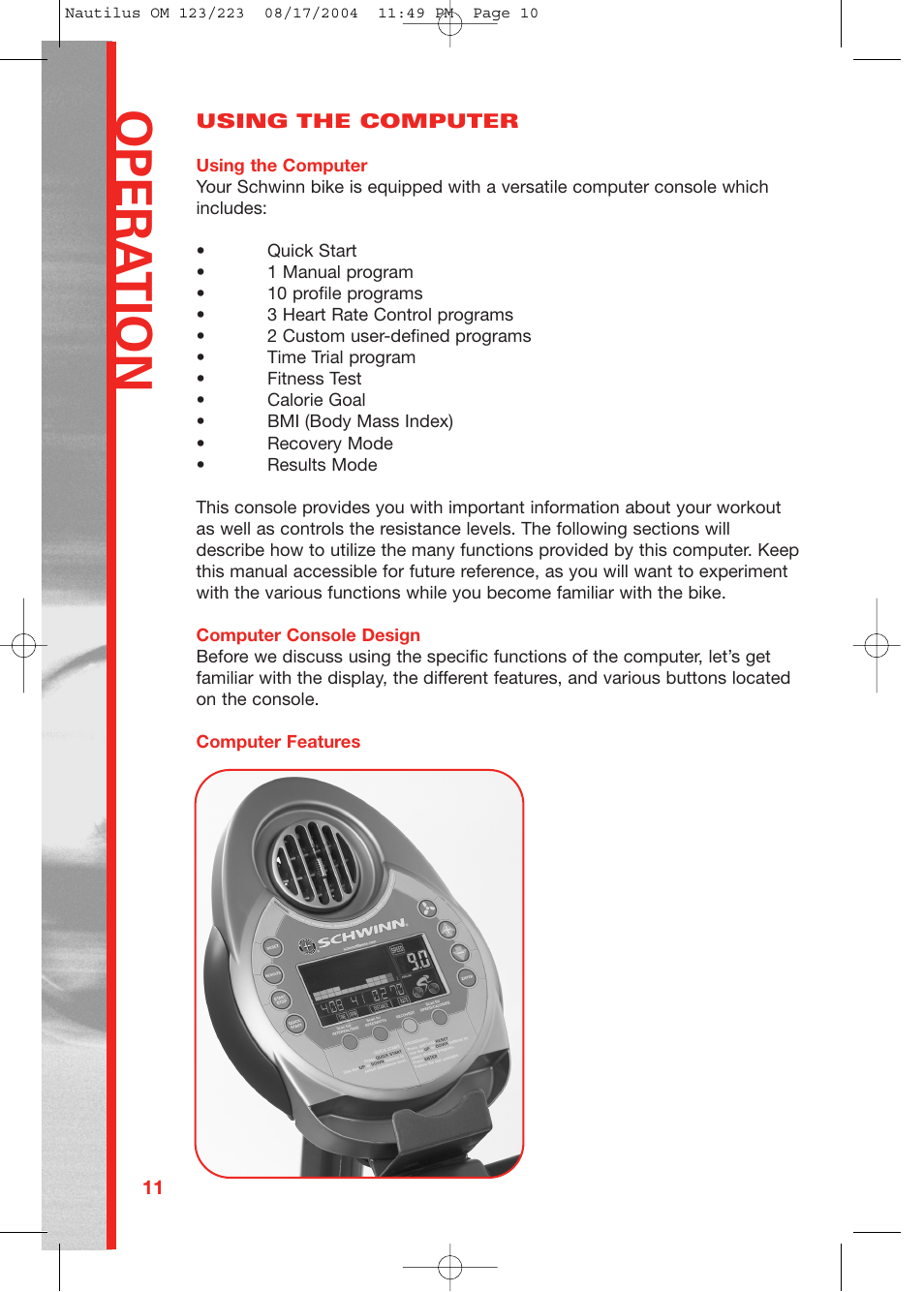 Opera tion | Schwinn 223 User Manual | Page 10 / 40