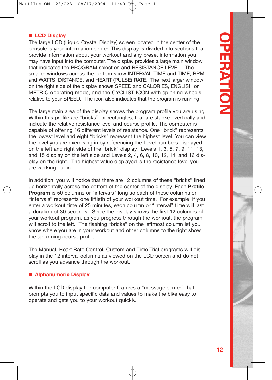 Opera tion | Schwinn 223 User Manual | Page 11 / 40