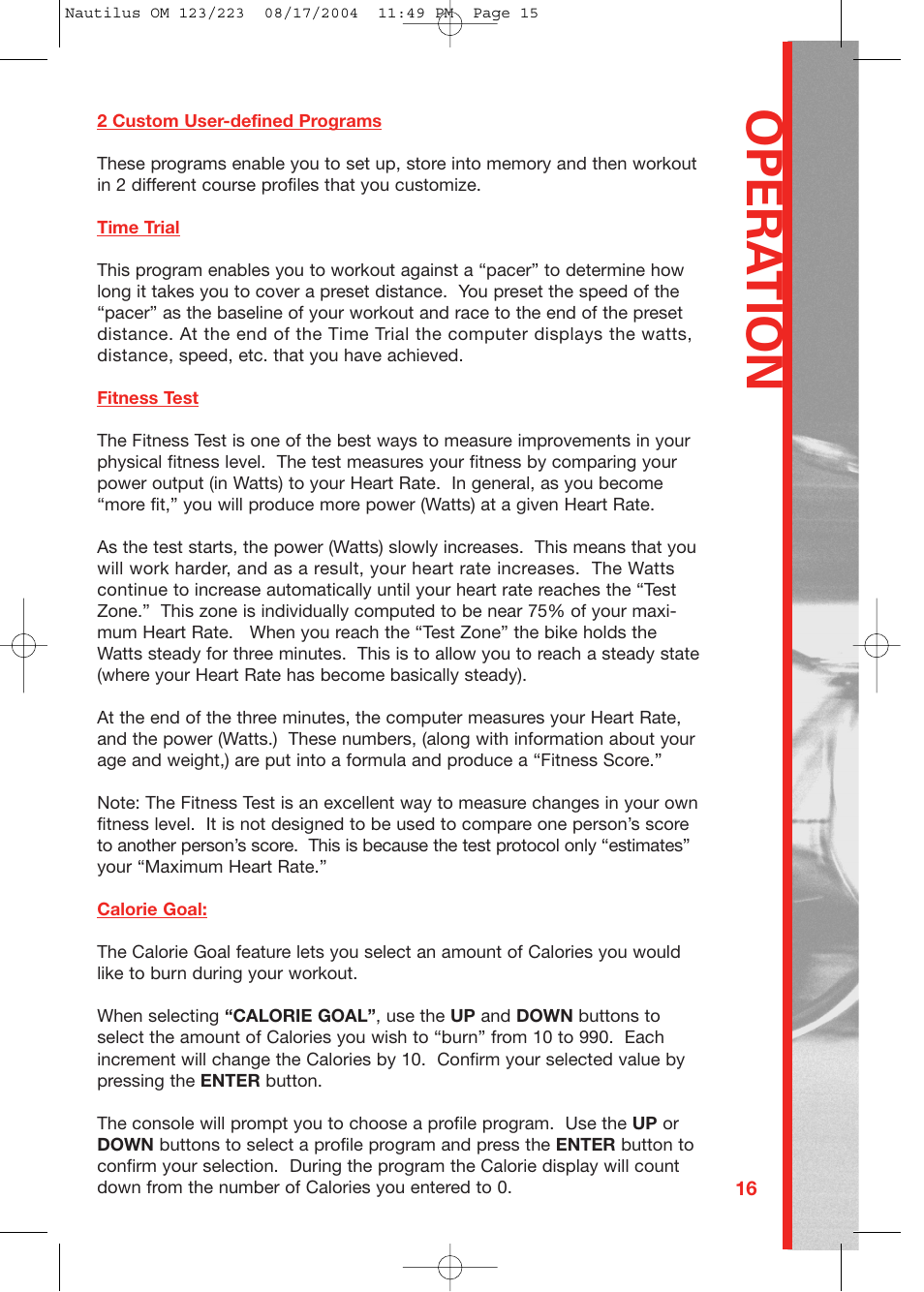 Opera tion | Schwinn 223 User Manual | Page 15 / 40